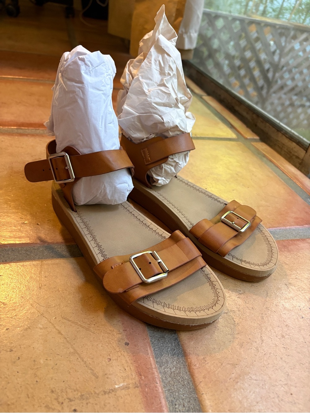 BAMBOO Cognac Brown Buckle Strap Women's Sandals